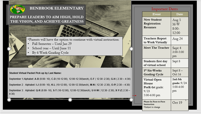 Student Virtual Learning Packet Pickup Schedule 
